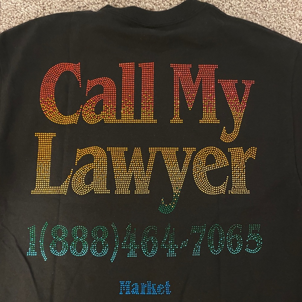 Call My lawyer Rhinestone Tee by Market/Chinatown Market.
